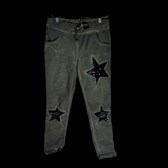 Venti6 Distressed Khaki Drawstring Waist Jogger Sequin Stars Pants Sz S - Picture 2 of 12